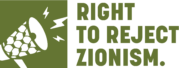 Right to Reject Zionism Logo: A megaphone in a kuffiyeh print with three lightning bolts coming out of the speaker.