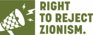 Right to Reject Zionism Logo: A megaphone in a kuffiyeh print with three lightning bolts coming out of the speaker.